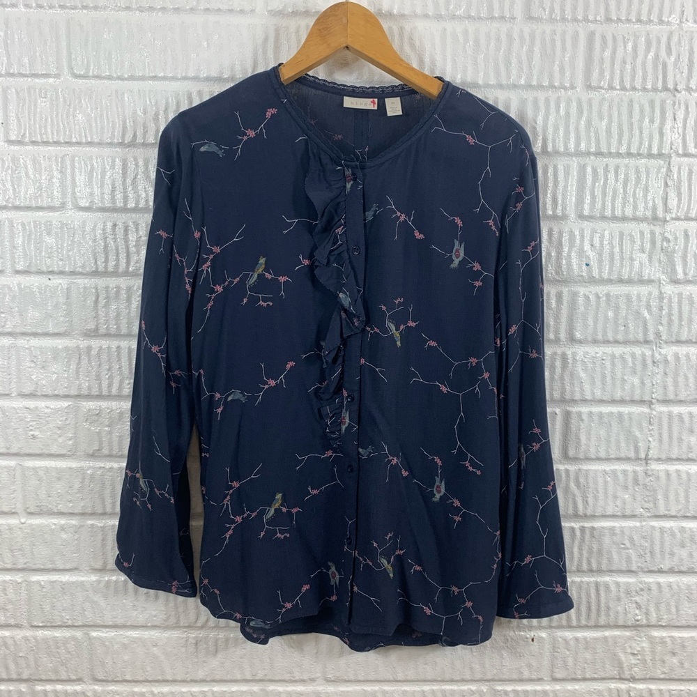 Hinge Navy‎ Floral Keyhole Bird Ruffle Top Medium